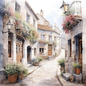 Clipart oude stad, 10 hoge kwaliteit jpg's, aquarel mediterraan straatlandschap, kaarten maken, junkjournaling, COMMERCIEEL GEBRUIK | AF0211-1