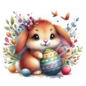 Clipart di coniglietto pasquale carino, 10 JPG di alta qualità, conigli e uova di Pasqua acquerellati, creazione di biglietti, diario spazzatura, USO COMMERCIALE / AF0327-1