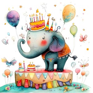 Clipart anniversaire éléphant, 12 fichiers JPG haute qualité, clipart animal mignon fête, fabrication de cartes, tenue d'un journal, créations en papier UTILISATION COMMERCIALE | AF0408-1