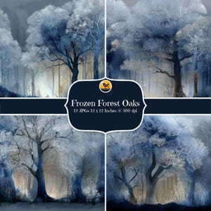 May include: A digital art print featuring four panels of a winter forest scene. The artwork showcases snow-covered trees with a blue and white color palette. The text "Frozen Forest Oaks" is displayed on a dark blue banner, along with the dimensions of the prints.