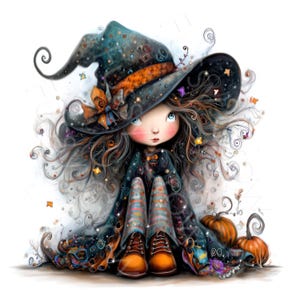 K&ouml;nnte beinhalten: Eine digitale Illustration einer Figur mit einem gro&szlig;en, dunkel-t&uuml;rkisfarbenen Hexenhut mit orangefarbenem Band und einem passenden Umhang. Die Figur hat langes, welliges dunkles Haar, gestreifte Leggings und orangefarbene Stiefel und sitzt neben zwei orangefarbenen K&uuml;rbissen.