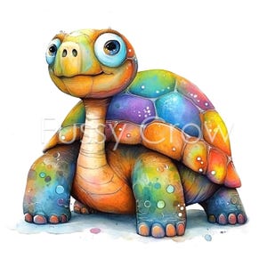 Op de afbeelding: Een kleurrijke cartoon schildpad met een regenboog schild en grote blauwe ogen. De schildpad glimlacht en kijkt naar rechts.