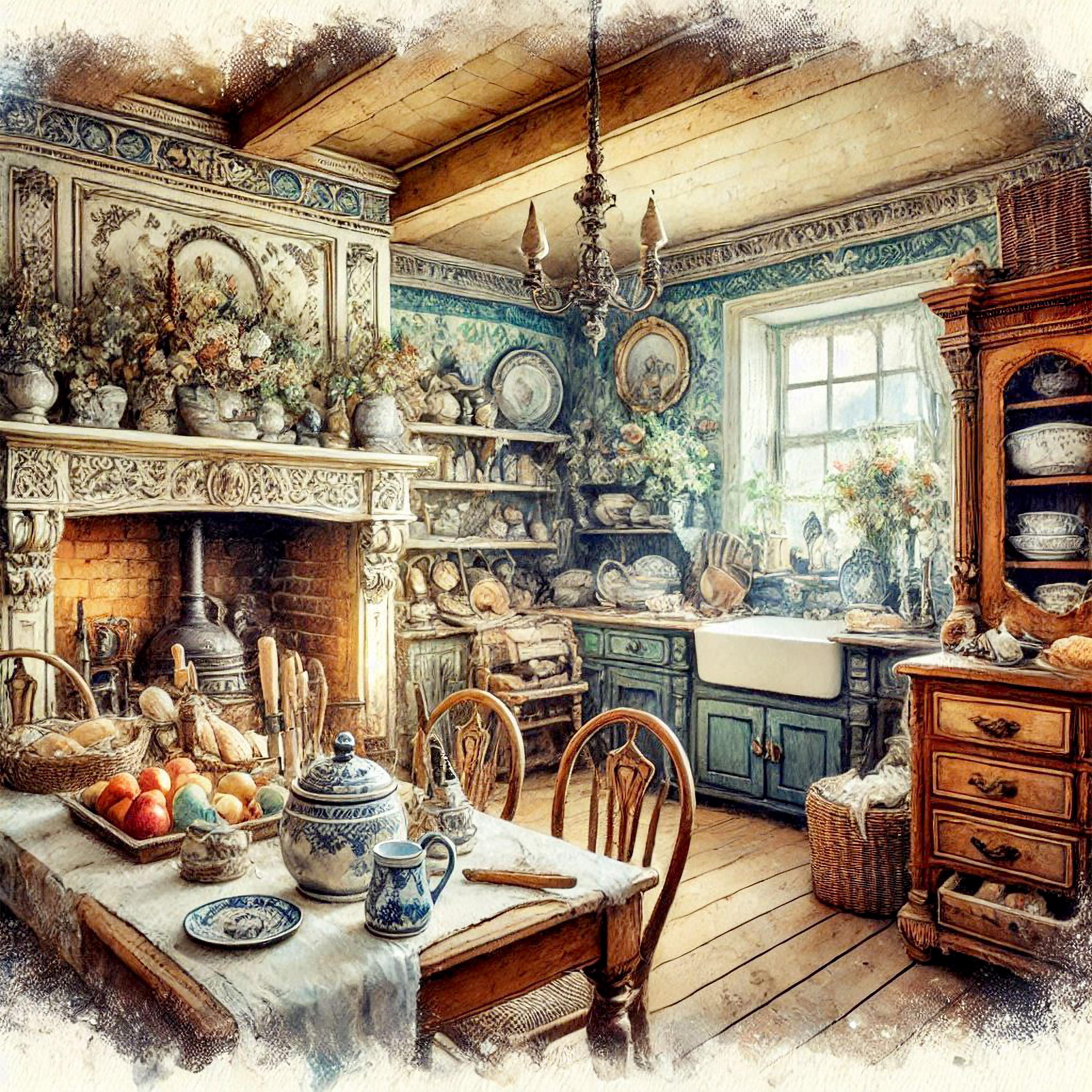 Vintage Style Kitchen Clipart, 10 High Quality JPGs, Country Kitchens, Journaling, Card Making, Digital Download COMMERCIAL USE | AF0206-1