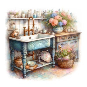 Shabby Chic Kitchen Sink Clipart, 10 High Quality JPGs, Printable Watercolour Clipart, Card Making, Journaling, COMMERCIAL USE | AF0502-2