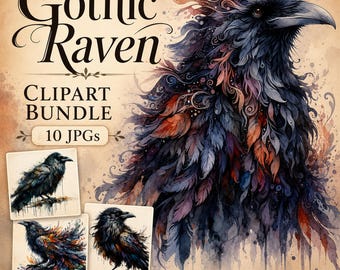 Raven Clipart, 10 High Quality JPGs, Mystical Gothic Bird Images, Dark Fantasy Art, Card Making, Junk Journaling, COMMERCIAL USE | AF0225-2