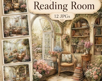 May include: A digital clipart bundle titled Reading Room featuring 12 JPGs of sunlit interior spaces with wicker chairs, bookshelves, and floral arrangements. The images display soft beige and pastel tones, showcasing cozy nooks with books and plants.
