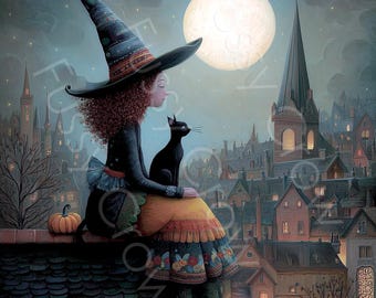 Whimsical Witch & Black Cat Clip Art, Watercolour Halloween Ephemera 12 JPGs, Digital Download, Commercial Use, Card Making, Junk Journal