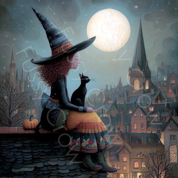 Grillige heks en zwarte kat illustraties, aquarel Halloween ephemera 12 JPGs, Digitale download, Commercieel gebruik, kaarten maken, Junk Journal