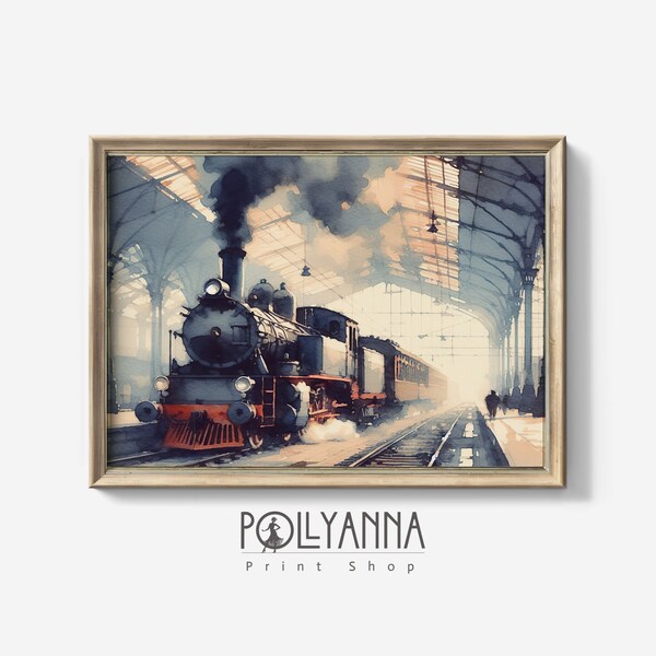 Vintage Steam Train In Station Printable Wall Art Nostalgic Transportation Locomotive Art Boys' Room Man Cave Décor Gift For Dad Him | A0508