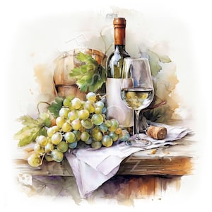 May include: Watercolor painting of a wine bottle, a wine glass, and a bunch of green grapes. A wooden barrel and a cork are also visible. The wine bottle has a brown cap and a white label. The glass is filled with white wine.