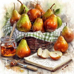 May include: A watercolour painting of a basket filled with ripe pears. The pears are a mix of green, yellow, and red-orange hues. A jar of honey, a honey dipper, and a knife are next to a notebook with handwritten text. The scene is set on a white wooden surface.