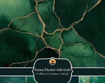 Emerald And Gold Junk Journal Pages, Green Marble Vein Backgrounds, Abstract Printable Collage Papers, Scrapbook, Digital Download