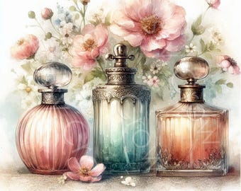 Perfume Bottle Clipart 12 High Quality Watercolour Vintage Beauty Ephemera JPGs, Card Making Journal Paper Craft Digital Download | AF0812