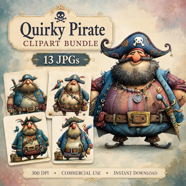 Originele piratenclipart, 13 hoogwaardige aquarelafbeeldingen van grappige zeemensen (JPG's) voor het maken van kaarten, junk journals en andere knutselprojecten, digitale download | AF0807-1