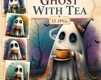 Ghost With Tea Clipart, 12 High Quality Watercolour JPGs, Whimsical Halloween Clipart, Card Making, Junk Journal, COMMERCIAL USE | AF0707-1