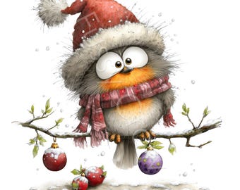 Quirky Christmas Robin Clipart, 10 High Quality Watercolour Whimsical Bird JPGs, Card Making Journal Paper Craft Digital Download | AF0724-1