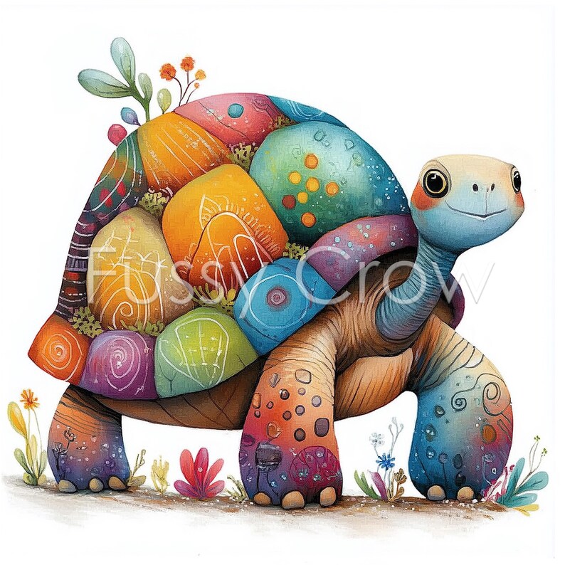 Op de afbeelding: Een kleurrijke, fantasierijke illustratie van een schildpad met een gepatenteerde schild. De schildpad loopt op een pad met bloemen en planten. Het schild is gemaakt van verschillende vormen en kleuren, waaronder oranje, geel, groen, blauw en paars.