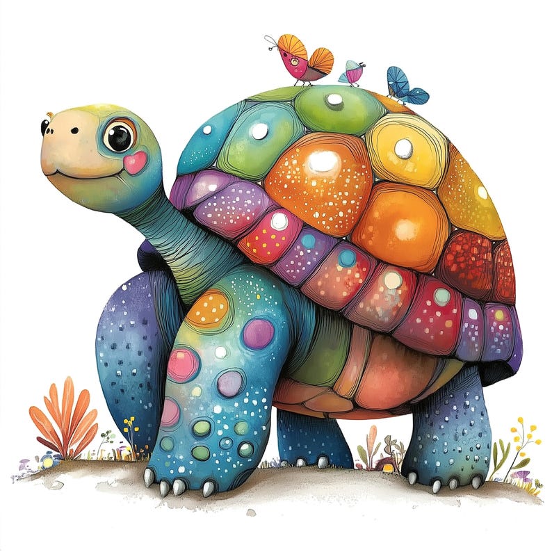 Op de afbeelding: Een kleurrijke, regenboogkleurige schildpad in een grillige, cartoonachtige stijl. De schildpad heeft een felblauwe schild met kleurrijke vlekken en een gele, oranje en rode schild erbovenop. Er zitten drie kleine, kleurrijke insecten op de rug van de schildpad.