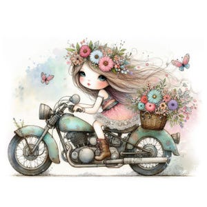 Floral motormeisje clipart, 10 hoge kwaliteit jpg's, grillige bloemenmeisje afbeeldingen, kaarten maken, junk journaling, COMMERCIEEL GEBRUIK | AF0311-1