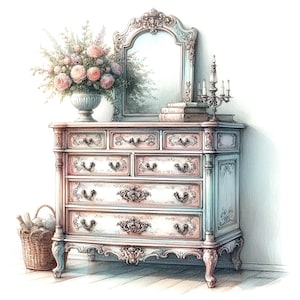Clipart de commode shabby chic, 15 fichiers JPG de haute qualité, clipart de meubles vintage, fabrication de cartes, Junk Journal, USAGE COMMERCIAL | AF0502-1