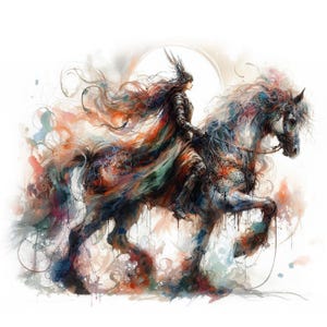 Pode incluir: Uma pintura em aquarela de uma mulher de armadura montando um cavalo branco. A mulher tem cabelos longos e ruivos e usa um capacete escuro. O cavalo corre por um campo de flores. A pintura é feita em um estilo caprichoso com respingos de cor.