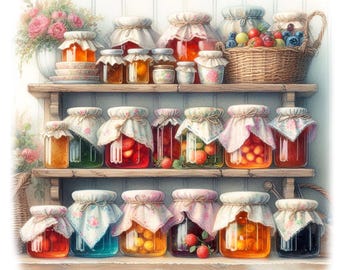 Clipart ze słoikami na przetwory, 12 wysokiej jakości plików JPG, akwarelowe cliparty ze spiżarnią kuchenną, tworzenie kartek, dziennik, rękodzieło papierowe. UŻYTEK KOMERCYJNY | AF0604-1