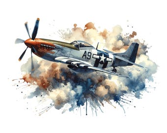 North American P51 Mustang Clipart, 11 High Quality JPGs, Watercolour Vintage Airplane Clipart, Card Making, Journal, Paper Craft | AF0605-2