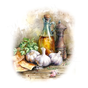 May include: Watercolor still life of kitchen ingredients. A glass bottle of oil, a wooden pepper grinder, and several heads of garlic are arranged on a wooden surface. Fresh parsley and a folded cloth complete the composition.