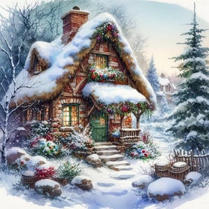 Clipart di cottage natalizi francesi, 12 JPG di alta qualità, case innevate invernali, lavoretti di carta, diario di scarto. USO COMMERCIALE / AF0429-1