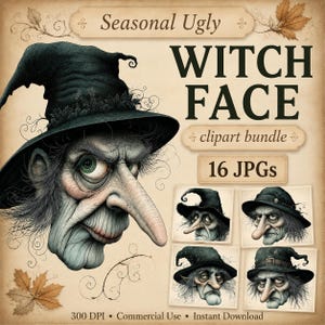 Hässliche Hexe Gesicht Clipart, 16 hochwertige JPGs, Aquarell Halloween Clipart, Kartenherstellung, Journaling, Papierhandwerk KOMMERZIELLE NUTZUNG | AF0512-2