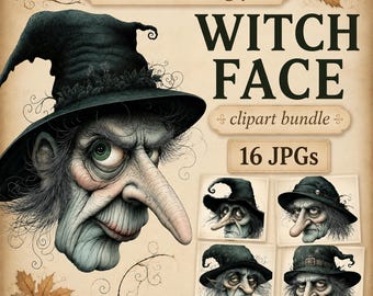 Ugly Witch Face Clipart, 16 JPGs, Watercolour Halloween Clipart, Card Making, Junk Journal (Digital Download, Commercial Use) | AF0512-2