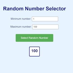 Puede incluir: Una captura de pantalla de un sitio web que muestra un generador de números aleatorios. El usuario puede ingresar un número mínimo y un número máximo, y el sitio web generará un número aleatorio dentro de ese rango. El número aleatorio actual generado es 100.