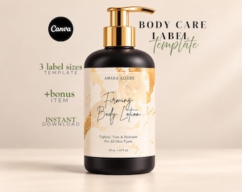 May include: A matte black pump bottle with a gold dispenser featuring a label with a white and gold marble pattern. The text reads AMARA ALLURE, Firming Body Lotion, Tighten, Tone & Hydrates For All Skin Types, 16 oz. / 473 ml, and Canva.