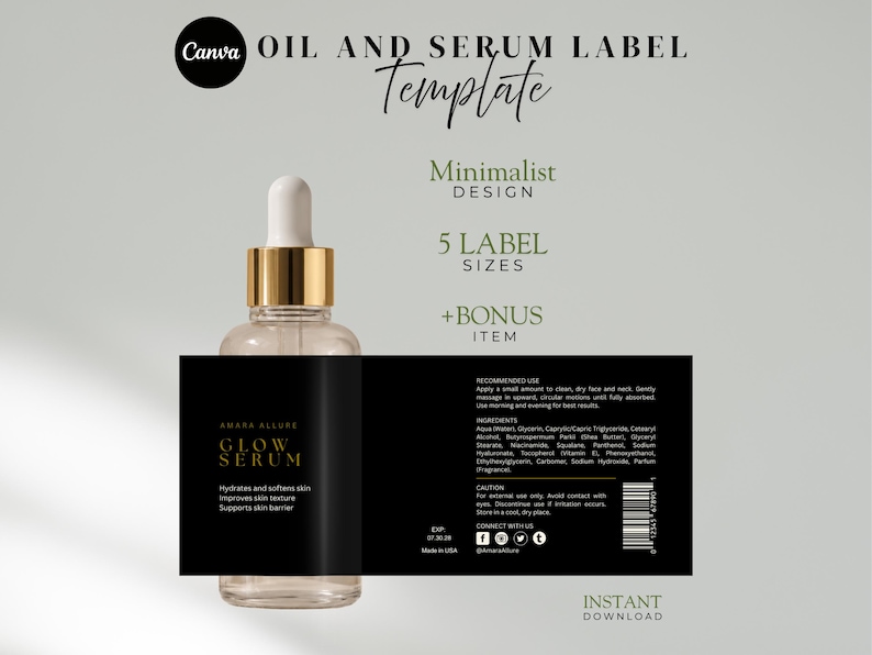 Minimalist Serum & Oil Label Canva Template, Editable Skincare Label, Cosmetic Packaging Design, Modern Beauty Branding
