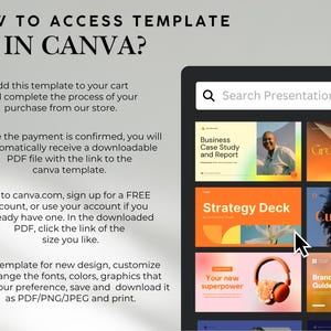 Puede incluir: Un gr&aacute;fico instructivo titulado HOW TO ACCESS TEMPLATE IN CANVA? con una banda negra que dice EDIT IN CANVA. Enumera cuatro pasos con marcas de verificaci&oacute;n para acceder a una plantilla digital, junto a una interfaz de b&uacute;squeda de Canva.