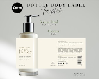 May include: A clear glass bottle with a silver pump dispenser, labeled "AMARA ALLURE BODY LOTION." The label includes text about hydrating and softening skin. The image also includes text that says "BOTTLE BODY LABEL Template" and "3 sizes label TEMPLATE + bonus ITEM."