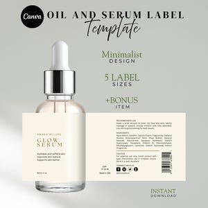 Pode incluir: Um frasco de soro de vidro transparente com conta-gotas branco e tampa prateada, rotulado como "AMARA ALLURE GLOW SERUM". O rótulo inclui texto sobre a hidratação e suavização da pele. A imagem também mostra um modelo de etiqueta.