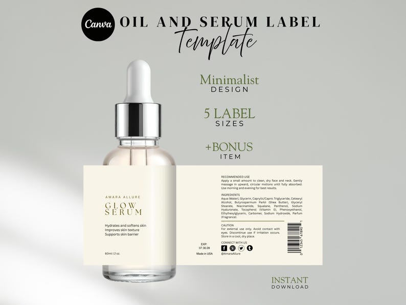 Editable Oil & Serum Label Template – Minimalist Bottle Sticker Design for Skincare Products – Canva Packaging for Small Business Branding