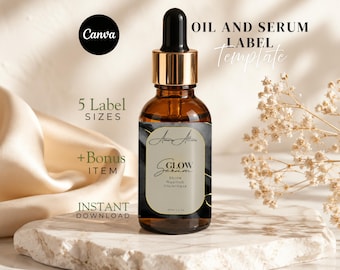 Luxury Black Oil and Serum Label Template Editable Canva Skincare Bottle Label Cosmetic Packaging Branding Printable DIY Product Labels