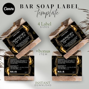 May include: Image of bar soap with black and gold labels. The labels read "BAREBOTANICA Organic Bar Soap". The image also includes the text "BAR SOAP LABEL template" and "4 Label SIZES". The soap is a light brown color.