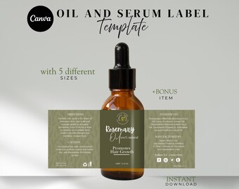 Modelo de rótulo para frasco de soro editável, rótulo para óleo essencial e cuidados com a pele, design de embalagem cosmética, adesivo imprimível para frasco conta-gotas, Canva