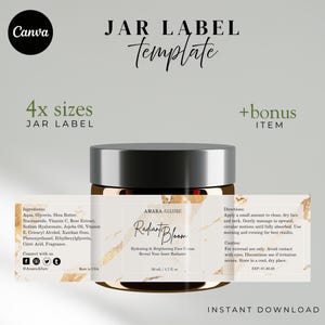May include: A jar label template with a skincare product jar. The jar is brown with a silver lid and a white label with gold accents. The label reads "Radiant Bloom" and includes product information and instructions.