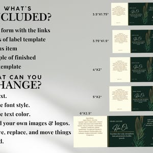 May include: A digital product listing showing five rectangular hair oil label templates in sizes 3.5x1.75, 3.75x1.5, 4x2, 5x2, and 6x2.5 inches. The labels feature a dark green background, botanical illustrations, and editable text fields for ingredients.
