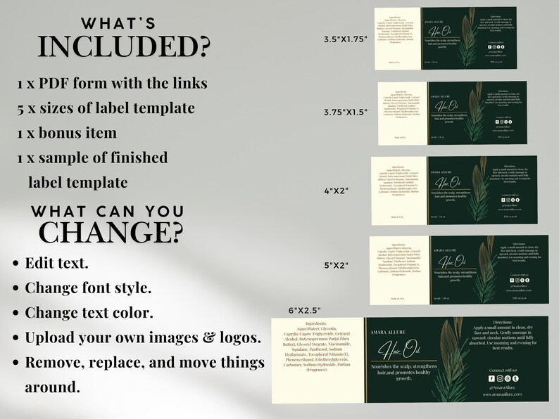 May include: A digital product listing showing five rectangular hair oil label templates in sizes 3.5x1.75, 3.75x1.5, 4x2, 5x2, and 6x2.5 inches. The labels feature a dark green background, botanical illustrations, and editable text fields for ingredients.