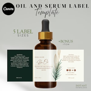 Op de afbeelding: Een bruine glazen fles met een gouden druppelaar, met het label "Hair Oil". Het label bevat tekst over het voeden van de hoofdhuid en het bevorderen van de haargroei. De afbeelding bevat ook tekst over labelmaten en een bonusartikel.