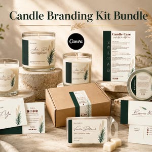 May include: A Candle Branding Kit Bundle featuring glass candles, a brown cardboard box, business cards, and a candle care instruction card. The items display a dark green and cream color palette with botanical illustrations and the text Canva.