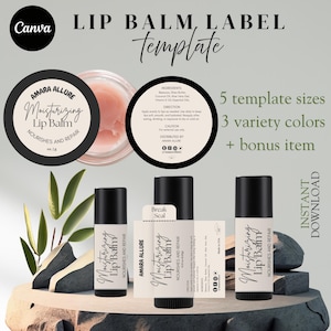 May include: A set of three lip balm labels with the text "Moisturizing Lip Balm" and "Nourishes and Repair" in black text on a white background. The labels are on a black and white background with a green plant and rocks.