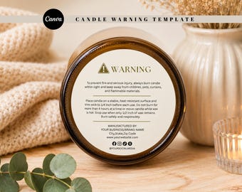 May include: A circular candle warning label featuring a yellow warning triangle icon and black text. The label includes safety instructions, a section for manufacturer details, and social media icons. The text specifies trimming the wick to 0.6 cm.