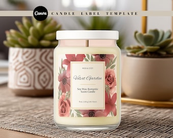 Plantilla de etiqueta floral para vela / Etiqueta editable de Canva para vela / Etiqueta imprimible para frasco de vela / Plantilla de empaque para vela floral / Tema rosa