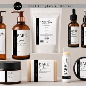 Peut inclure: Une collection de produits de soin de la peau "BARE Dew", comprenant des flacons, des pots et un savon. Les produits sont en verre ambré et emballage blanc, avec du texte noir. L'image comprend un baume à lèvres et un pot d'hydratant pour les lèvres.